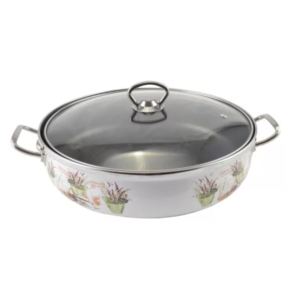 Lavendel Emaille Bratentopf 26 cm + Glasdeckel