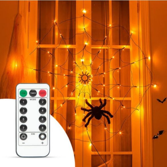 Spinnennetz-Lichtervorhang mit Spinne - warmweiß 60 LED - USB-betrieben