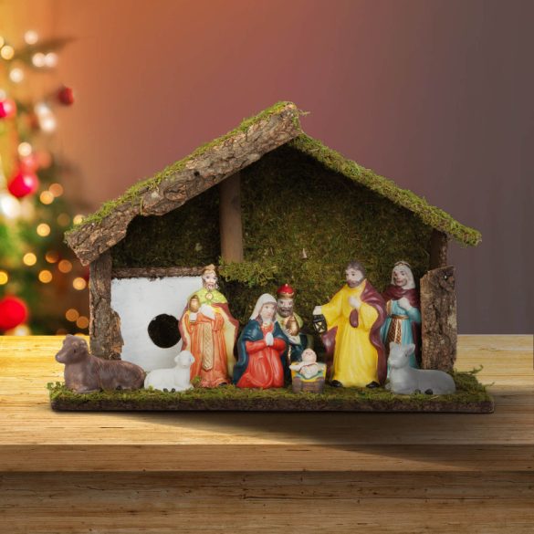 Weihnachtliche Tischdekoration mit Krippe (Keramik und Holz)