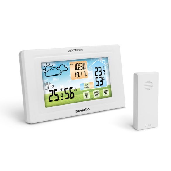 Bewello Digitales Thermometer und Wecker - Außen-/Innenbereich - USB, batteriebetrieben - weiß