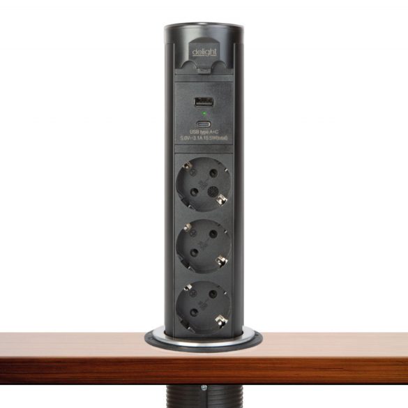 Delight Motorisierter Versteckter Verteiler - 'Touchcontrol' - 3-fach + USB + Typ-C - Schwarz