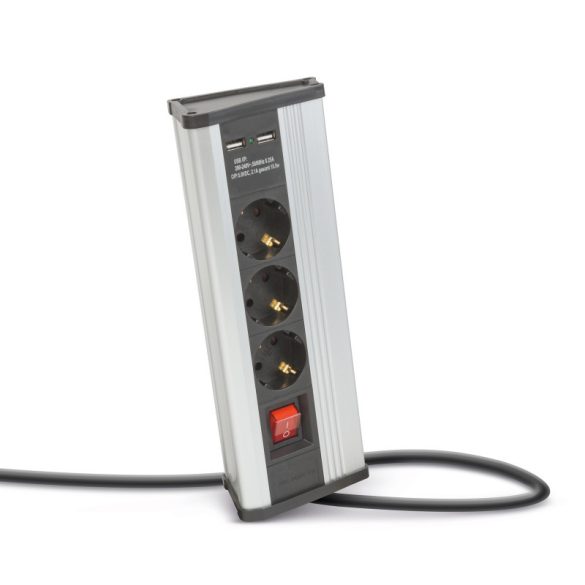 Delight Eckverteiler - mit Schalter - 3 x 250V, 16A - 2 x USB, 2,1A - Aluminiumgehäuse