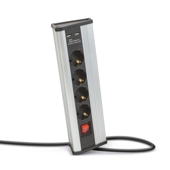 Delight Ecksteckdose - mit Schalter - 4 x 250V, 16A - 2 x USB, 2,1A - Aluminiumgehäuse