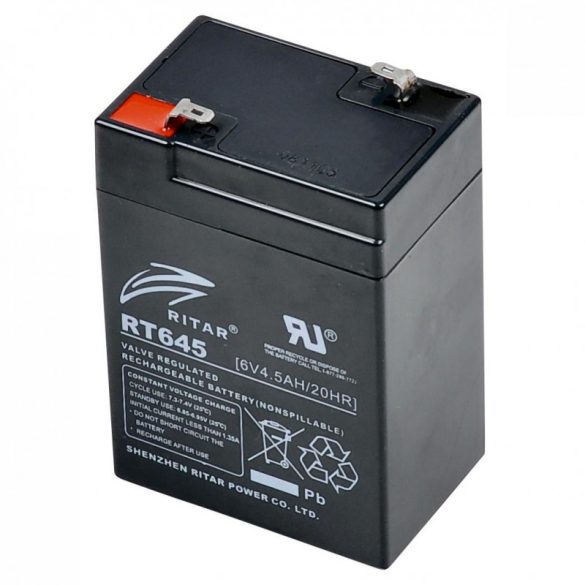 Ritar RT 645 Bleiakku, 6V/4,5 Ah, 5 Jahre Lebensdauer, geschlossenes Design