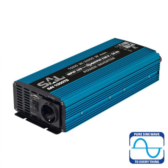 SAL SAI 1000TS reiner Sinus-Wechselrichter, 1000 W, Inverter, 2,1 A USB-Schnellladegerät, Kindersicherung