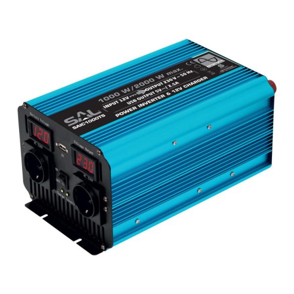 SAL SAIC1000TS Spannungswandler, ~1000 W Nennleistung, reiner Sinus, 2 Schutzkontaktsteckdosen, unterbrechungsfreie Stromversorgung, U