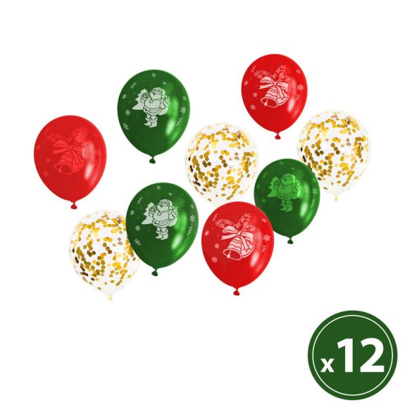 Family Luftballon-Set - rot, grün, gold, mit Weihnachtsmotiven - 12 Stk./Packung