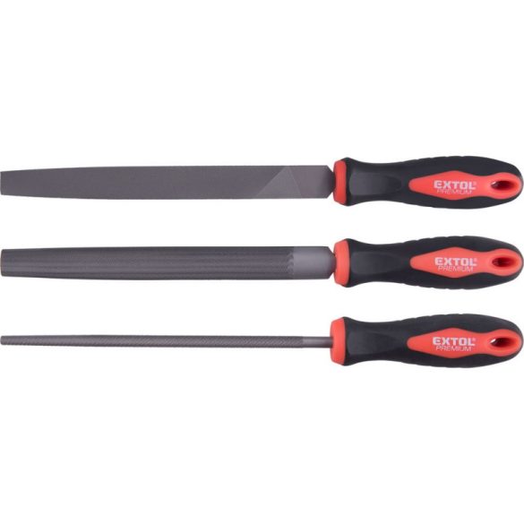 EXTOL PREMIUM Metallfeilen-Set, 3-tlg. (flach, halbrund, rund), 200mm, T12 Stahl, Hieb 2, fein, TPR-Gummigriff