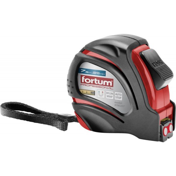 FORTUM Maßband, 1-Stopp, ABS-Kunststoffgehäuse, gummiert; 7,5m×25mm Nylon-beschichtetes Band, magnetisches Ende FORTUM