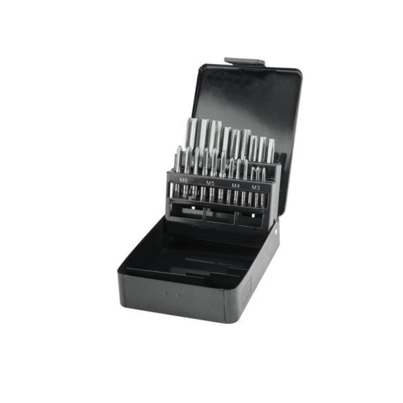 EXTOL PREMIUM Gewindebohrer-Set, manuell, in Metalldose; 21-teilig, M3,4,5,6,8,10,12, hochwertige Kohlenstoffstahl, ohne Windeisen
