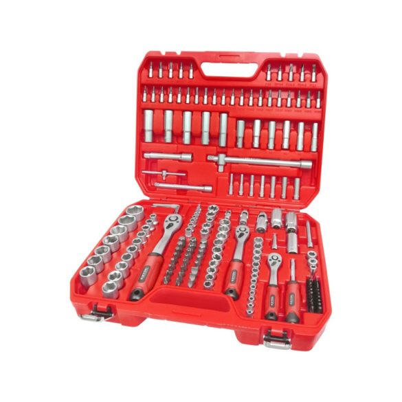 EXTOL PREMIUM Steckschlüsselsatz, CV, Ratsche 45 Zähne; 1/4", 3/8" und 1/2", 172 Teile, Kunststoffkoffer