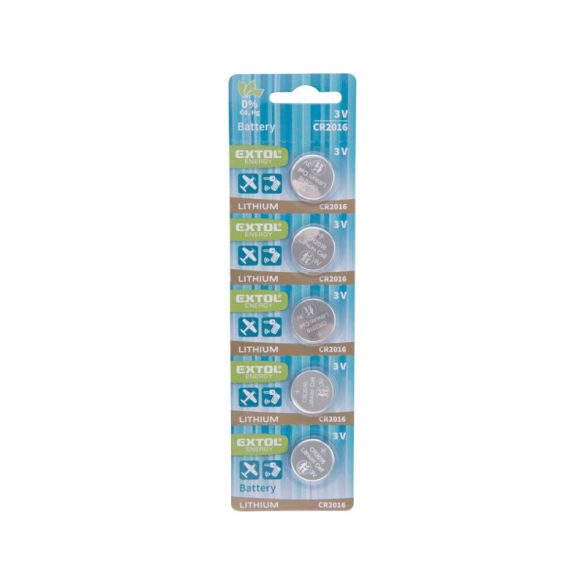 EXTOL ENERGY Knopfzellen-Set 5 Stk., Lithium, 3V, Größe: (CR2016); lange Lebensdauer, Blisterverpackung