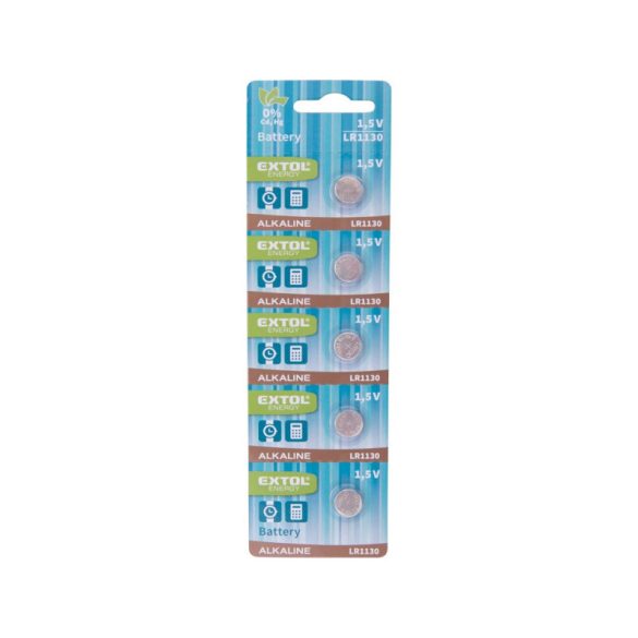 EXTOL ENERGY Knopfzellen-Set 5 Stk., alkalisch, 1,5V, Größe: (LR1130); lange Lebensdauer, Blisterpackung