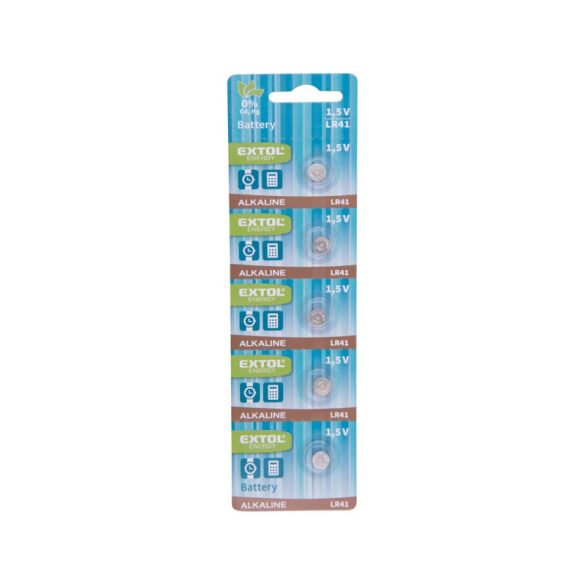 EXTOL ENERGY Knopfzellen-Set 5 Stk., alkalisch, 1,5V, Größe: (LR41); lange Lebensdauer, Blisterverpackung