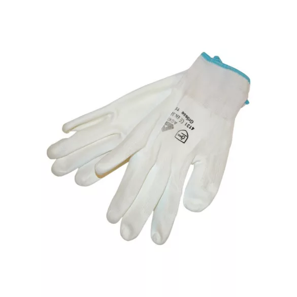 Gestrickte Handschuhe weiß Nylon, Größe XL, Handfläche und Fingerspitzen in Polyurethan getaucht, elastische Manschette