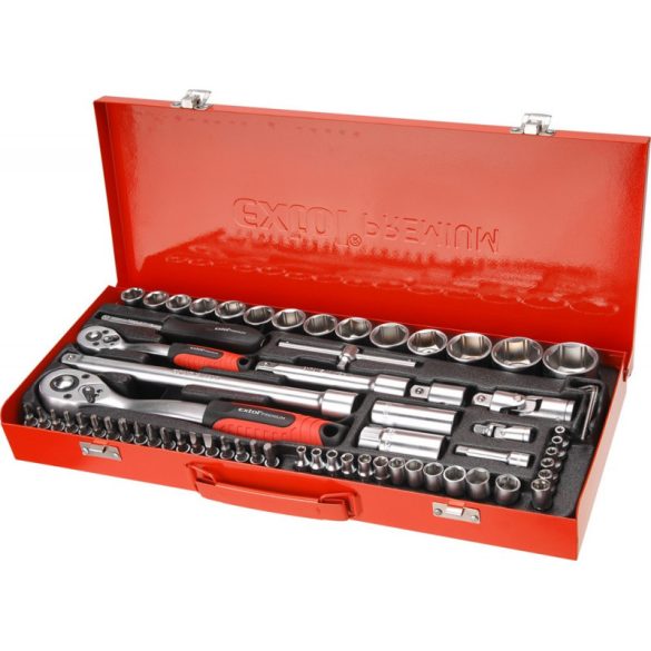 EXTOL PREMIUM Steckschlüsselsatz, CV, Ratsche 45 Zähne; 1/4" und 1/2", 65 Teile, Stecknüsse (4-32mm), Bits, Metallbox
