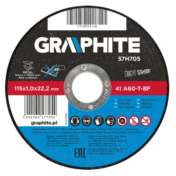 GRAPHITE Trennscheibe für Metall 115x1.0x22mm, 41 A60-T-BF 57H705