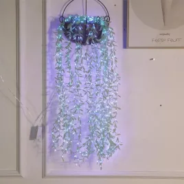   2x2 Meter LED-Lichtervorhang mit kleinen grünen Blättern, 8 Programme, erweiterbar, blau