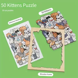   50-teiliges Holzpuzzle, bunte Farben, unregelmäßige Formen: Hund, Katze, Panda-Design
