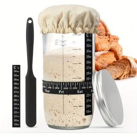   Sauerteig-Starterset, 24oz Glasbehälter mit Datumsband, Thermometer, Stoffbezug und Metalldeckel