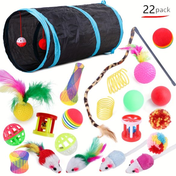 22-teiliges Katzenspielzeug-Set mit faltbarem Tunnel und Glocke