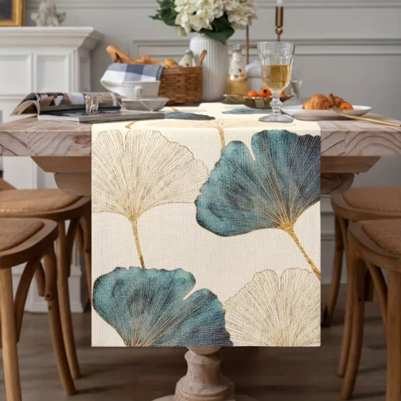 Tischläufer mit blau-grün-goldenem Ginkgo-Blattmuster