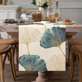 Tischläufer mit blau-grün-goldenem Ginkgo-Blattmuster