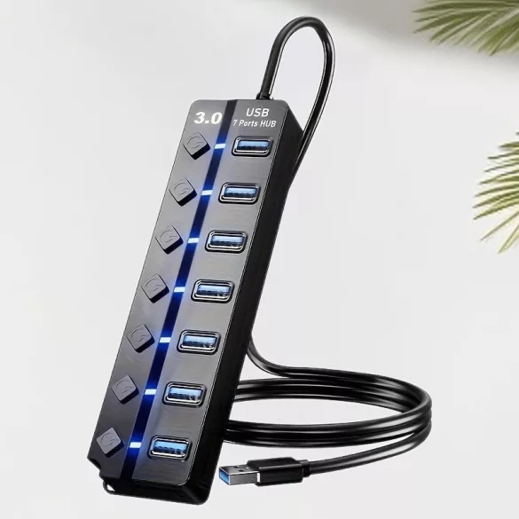 USB 3.0 Hub, 7-Port-Verteiler mit unabhängigen Ein-/Ausschaltern und LED-Anzeigen