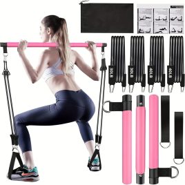   8-teiliges Set - Pilates-Stange Set mit 4 Widerstandsbändern (63,5 kg) 8-teilig rosa【63,5 kg】