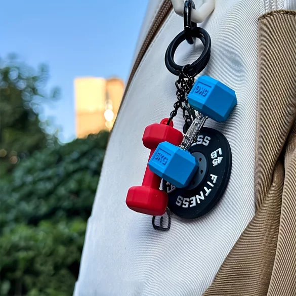 3er-Set Metall Gewichtheber Schlüsselanhänger Blau Hanteln + Rot Hanteln + Schwarz Gewichtscheibenstangen - Dreiteiliges Set