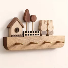   Frühling-Sommer-Herbst Saisonaler Dekorativer Holz-Mantel- und Schlüsselhalter mit Haus- und Hasenfiguren - Natürlicher Hartholz-Wandhaken ohne Bohren
