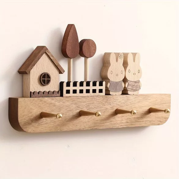 Frühling-Sommer-Herbst Saisonaler Dekorativer Holz-Mantel- und Schlüsselhalter mit Haus- und Hasenfiguren - Natürlicher Hartholz-Wandhaken ohne Bohren