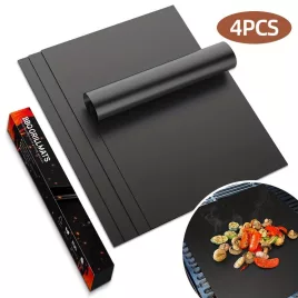   4 Stück antihaftbeschichtete, wiederverwendbare Grillmatte Schwarz - 4 Stück + bunte Box