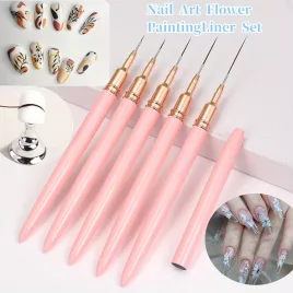   5er-Set Rosa/Schwarz Nail Art Pinsel für Details, Lange Nail Art Linienpinsel für Maniküregel Feine Designs