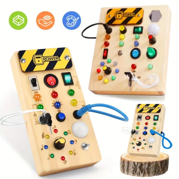 Bunte Holz Beschäftigungstafel mit Sensorikspiel, Musik- & Lichtschaltern - Lehrreiches & Reisefreundliches Geburtstagsgeschenk für Kinder