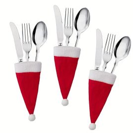   10er Set, Weihnachtsmesser-Gabel-Mütze, 6*12cm Rote Mini-Weihnachtsmütze, Flaschenmesser und Gabel Tischdekoration