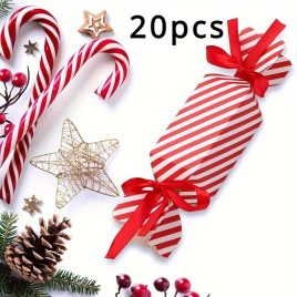   20 Stk. Rot Gestreifte Weihnachtsbonbon Geschenkboxen mit Bändern