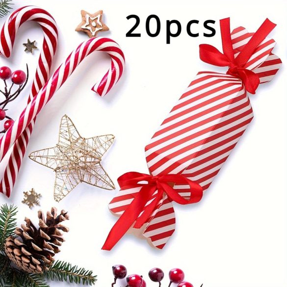 20 Stk. Rot Gestreifte Weihnachtsbonbon Geschenkboxen mit Bändern