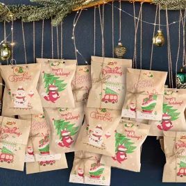   24 Stk., Retro-Weihnachtspapiertüte mit Aufklebern Weihnachtsmann Schneemann Fuchs