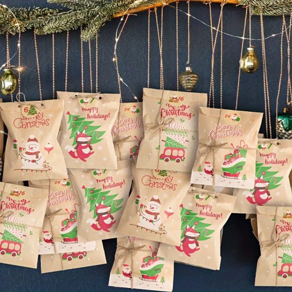 24 Stk., Retro-Weihnachtspapiertüte mit Aufklebern Weihnachtsmann Schneemann Fuchs