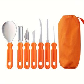   7-teiliges Edelstahl-Kürbisschnitzmesser-Set mit Aufbewahrungstasche - Perfekt für Halloween-Dekorationen