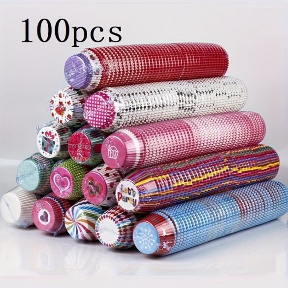 100-teiliges gemischtes Cupcake-Papier - Ölbeständige Papierbackformen für Muffins und Cupcakes, Lebensmittelsicher, gemischte Designs für den Küchengebrauch
