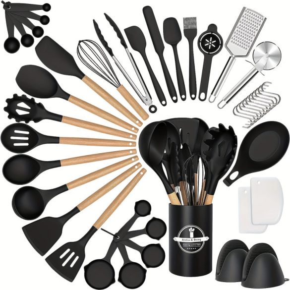 43-tlg./Set, Silikon Kochgeschirrset, Antihaftbeschichtet, Hitzebeständiges Küchenutensilienset mit Holzgriff zum Backen, Kochen, Rühren