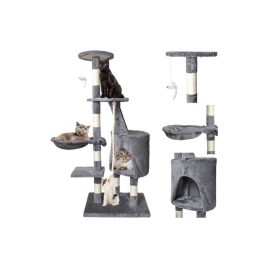   Katzenkratzbaum 118 cm, grau, mit Schlafhöhle, Spielzeugen, Kratzbrett, Plüsch